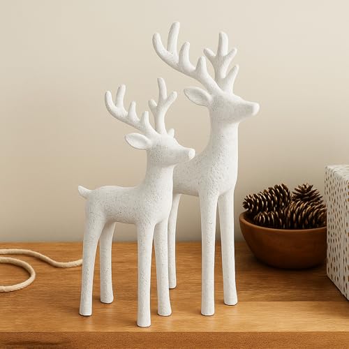 Burbell 2 Set Modern Christmas Decor Neutral Christmas Reindeer Decor Resin Deer Statues Figurines Elk Statues for Neutral Modern Living Room Bedroom Office Bookshelf Desk Ornaments(White,Small)