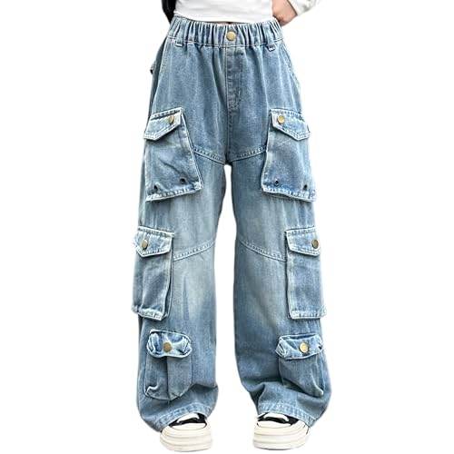 Rolanko Vaqueros Cargo para Niña, Cintura Alta Elástica Pierna Ancha Estilo Jeans Pantalones con Múltiples Bolsillos, Vaquero Azul Vintage, 11-12 años, 160