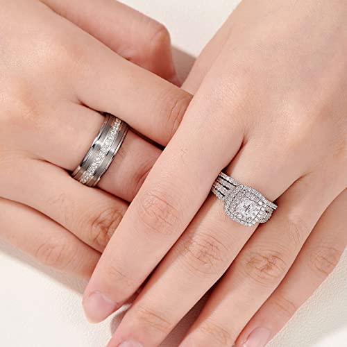 Newshe Jewellery Wedding Rings Set for Him and Her Women Mens Tungsten Bands AAAAA Cz Princess Cross 2.3Ct 925 Sterling Silver Size 5-134