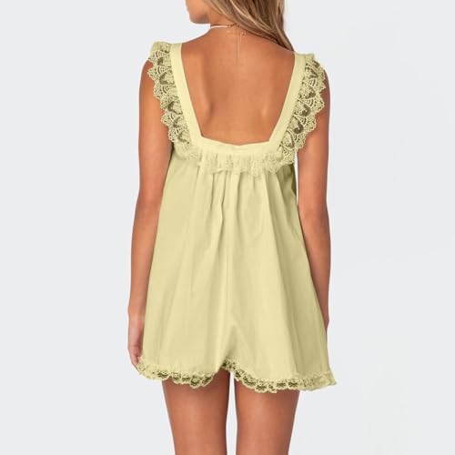Image of Women Y2K Babydoll Mini Dress Cute Bow Lace Trim Pleated Ruffle Short Sundress Casual Party Vacation One Pieces