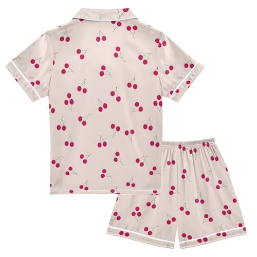 Cherry Patterns Summer Satin Pajama Set, Cute Button-Down Sleepwear Pj Set for Sleep Wears2