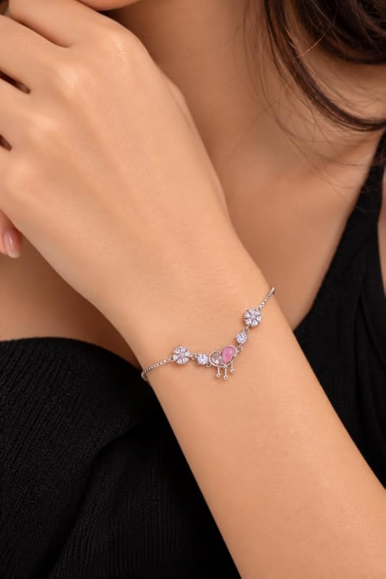 Women's 925 Sterling Silver Two-Tone Heart Bracelet, Adjustable