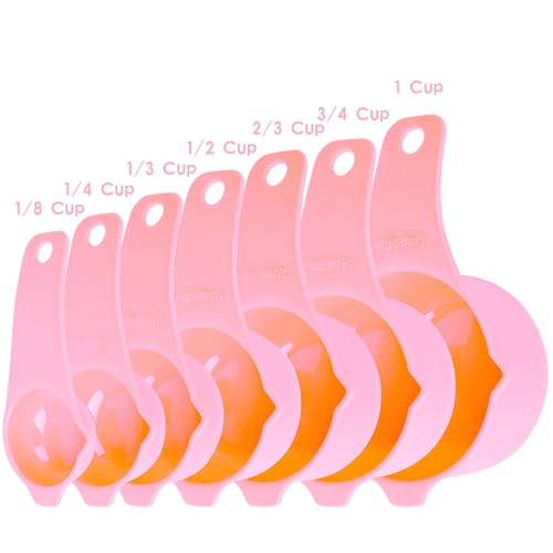 Set de 7 vasos medidores de plástico rosa para cocina miniatura 2