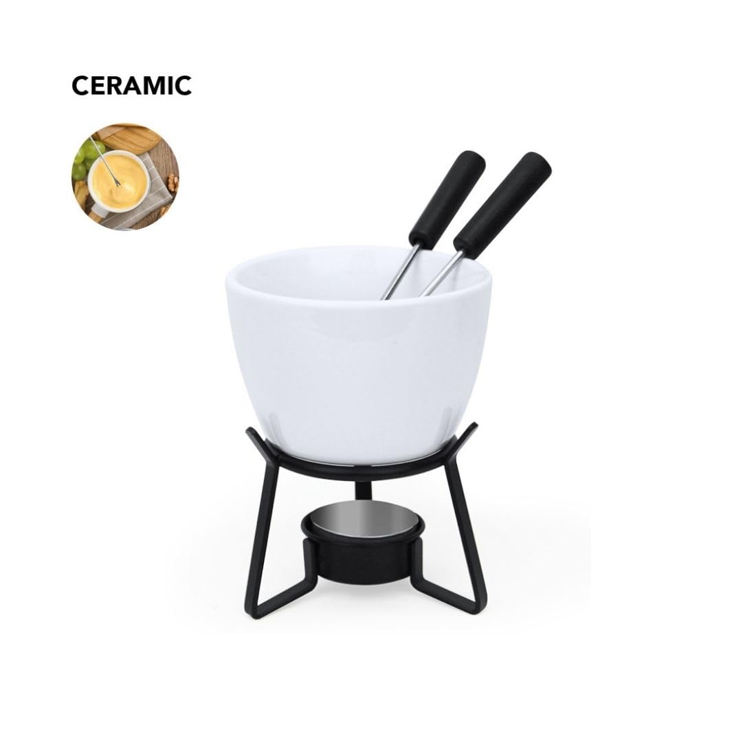 Lote 10 Fondues Individuales Cerámica y Metal – para Queso, Chocolate o Salsas Calientes – Hostelería, Restaurantes, Catering, Hoteles – con Tenedores