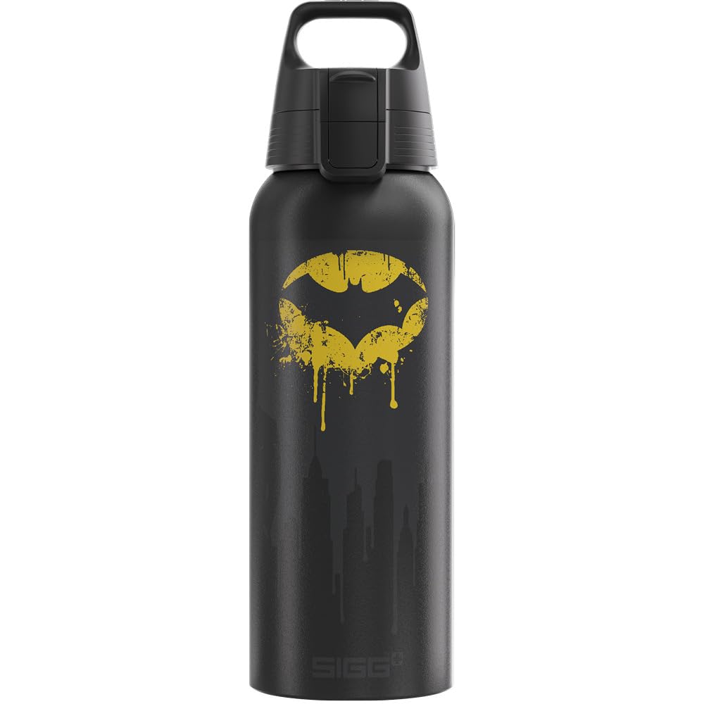 Sigg - Aluminum Water Bottle - WMB Pathfinder Batman Tag - Climate Neutral Certified - Suitable for Carbonated Beverages - Leakproof & Lightweight - BPA Free - Black with Design - 1L