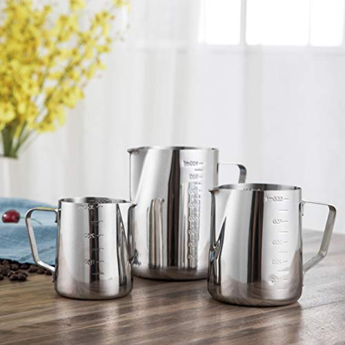 BESTonZON Taza de leche de acero inoxidable, jarra de leche Handheld café jarra de leche arte con marca de medición… - Imagen 4
