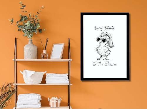 Image of Mira Mest Framed Bathroom Wall Decor | Funny Quotes & Cute Animal Art Prints | Quirky Toilet Signs & Guest Bath Decorations | Minimalist Black & White Washroom Signs | Ready to Hang Toilet Humor for Home & Powder Room (Shower Duck)