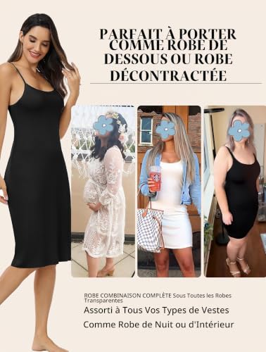 Vlazom Fond de Robe Femme Modal Longue Jupon sous Robe avec Bretelles Lingerie Chemise de Nuit sans Manches，Noir，M – vue 5