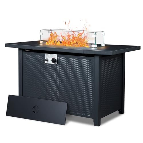Outvita Fire Pit Table, 43" 50,000 BTU Rectangle Metal Propane Fire Table with Lid, Lava Rocks, Waterproof Dust Cover and Glass Wind Guard for Garden Backyard Deck Patio