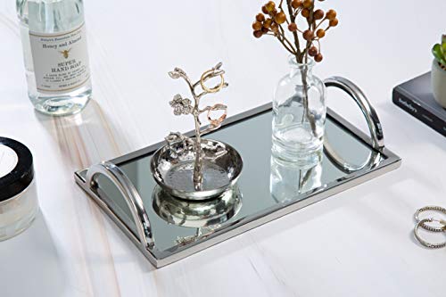 Elegant Silver Mirror Tray – with Chrome Edging and Handles – Rectangle Vanity Tray – Ideal for Ottoman, Coffee Table, Perfume Set, Living Room, Dining Room, Jewelry Tray, Whiskey Decanter Set 12 x 7