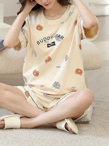 Image of Louis Luxe Cotton Blend Womens Korean Night Dress || Short Pyjama Set || Korean Nightsuit || Women Nightwear ||Round Neck Short Sleeve Nightsuit || Loungewear || Everyday Nightdress