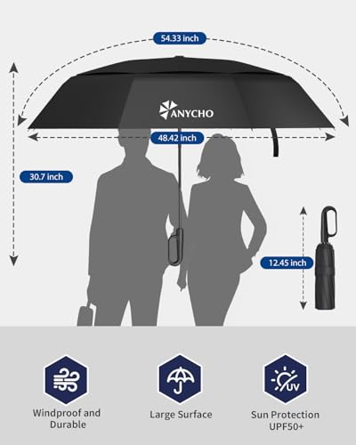 Image of ANYCHO 54 Inch Umbrella for Rain Big Size, Double Layer Vented Sun Umbrella with Carabiner Handle & 8 Double Ribs, Windproof Waterproof Auto Open Umbrella for Men Women