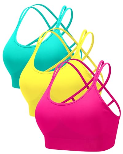 Image of RUNNING GIRL Sports Bras for Women 3Pack Strappy Bra | Medium Support, Removable Pads, Padded,Yoga, Pilates,Ultra Strectch,Comfort,Scoop Neck, Spaghetti Strap,Criss Cross Back