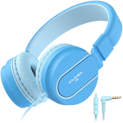 Image of AILIHEN I35 Kids Headphones for School with Mic, 93dB Safe Volume, Lakeblue | Wired On Ear Headphones for Girls Boys, 3.5mm Foldable Lightweight for Classroom Chromebook, Laptop, Computer, Tablet