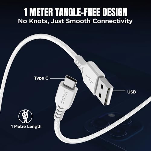 Image of Intex Speed Pro 3A Type USB to C Fast Charging Cable with 480 Mbps, Data Transfer and Tangle-Free Cable For Laptop, BT Speaker, Mobile, Tablet, TWS & Other Type C Devices, Strong TPE Cable - White
