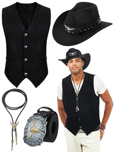 Cutecrop 4 Pcs Western Cowboy Outfits for Men Suede Leather Vest Hat Bolo Tie Belt for Western Halloween Cosplay(Large Black)