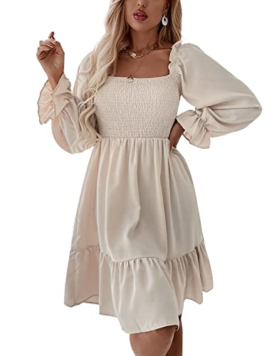 Lyaner Women's Long Puff Sleeve Square Neck Shirred Ruffle Swing Midi Dress Solid Beige Small #TOP4