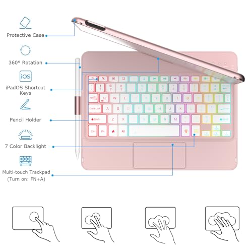 MMK Keyboard Case for iPad 9th Generation 10.2 inch 2021, Multi-touch Trackpad & 7 Color Backlight & 360°Flip Hard-shell, Slim Keyboard Case with Pencil Holder, for iPad 9th/8th/7th Gen, Rose Gold - Image 3