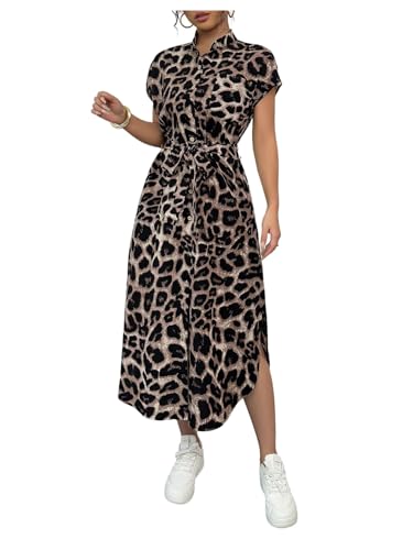 Image of GORGLITTER Women's Leopard Shirt Dresses Button Front A Line Midi Mock Neck Short Sleeve Belted Elegant Dress Coffee Brown Large