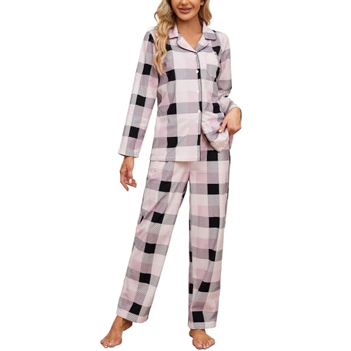HEARTNICE Damen weiches Pyjama Set, Langer Warmer Flanell Schlafanzug leichte niedliche Bedruckte Pyjamas mit Taschen (Rosa-Schwarz kariert, M)