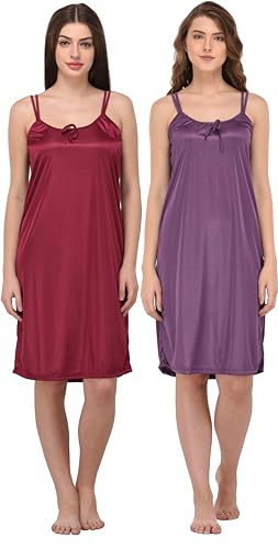 Image of You Forever Women Sexy Satin Striped Solid Above Knee Length Nighty, Loungewear, Nightwear, Sleepwear, Home Wear Short Nighty for Women Pack of 2