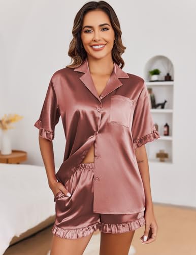 Image of Ekouaer Satin Pajama Set for Women 2 Piece Pj Sets Short Sleeve Sleepwear | Super Soft Silky Summer Loungewear Set with Ruffle Short Sleeve Top and Pocket Shorts, Casual Travel Daily Gift