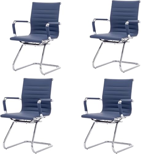 Image of HNY Leather Office Guest Chairs & Reception Chairs Set of 4, Modern Waiting Room Chairs with Arms, Desk Chair no Wheels with Sled Base for Waiting Room /Conference Room, Navy