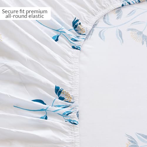 Image of HOMEMONDE Cotton Fitted Sheet Double Size Elastic Fitted Bedsheets with Two Pillow Covers |186 TC | Floral Design (78 X 60 inch, Turquoise & Blue) | Perfect for Home Decor & Gifting