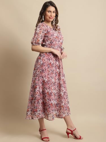 Preneum Women's Maxi Fit & Flare Latest Style Print Georgette Regular Sleeves Casual Summer Maxi Dress || Festival & Occasion, Peach, S