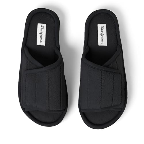 Dearfoams Women\'s Adjustable Indoor/Outdoor Machine Washable Memory Foam Slide Slipper, Black Terry, 7-8 - Thumbnail 3