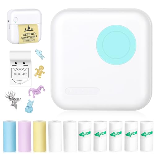 Image of Mini Sticker Printer, Inkless Thermal Printer with 10 Rolls Thermal Papers and Stickers for iOS&Android, Mini Portable Printe for DIY, Scrapbook, Memo, Pictures, Notes, List, Blue