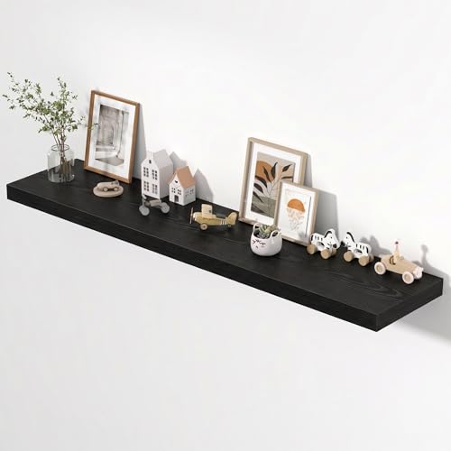 Image of Dreamland 72 inch Floating Shelves for Wall, 12 inch Deep Thicker Black Floating Shelves, Wall-Mounted Shelves for Bedroom, Living Room, Kitchen, Bathroom - Set of 1