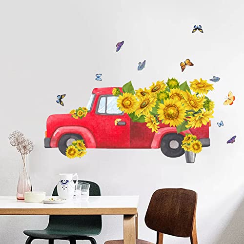 Anfigure Red Truck Sunflower Wall Decal Living Room Bedroom Wall Stickers Girls Room Baby Room Flowers Butterfly Tv Sofa Background Wall Art Decor Mural Vinyl Peel And Stick Decorations #TOP1