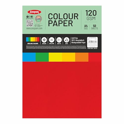 Image of Anupam 25 Sheets Colored Craft Paper A4 Size 120 GSM Red Color Card Stock Paper for DIY Cards Making, Greeting Cards, Paper Crafting, Wedding Invitations, Thank You Cards, Scrapbooking and Printing