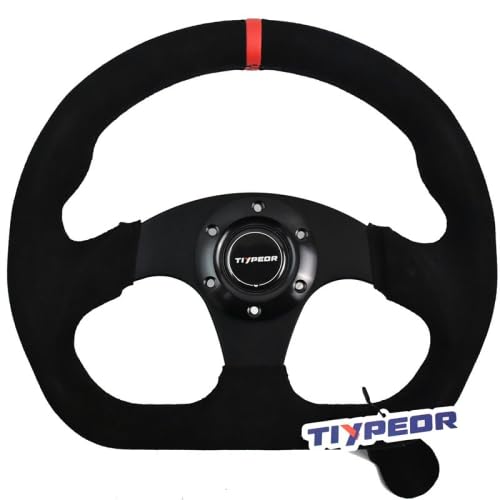 Volant de course en forme de D pour karting, 320 mm (12,6 pouces), en cuir suédé noir avec surpiqûres rouges. Compatible avec les voitures de sport auto, de drift et de simulation de conduite.