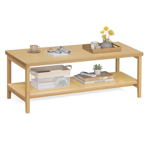VASAGLE 2-Tier Coffee Table for Living Room, Rectangular Living Room Table, with PVC Rattan Storage Shelf, Rounded Corners, Easy Assembly, Boho Style, 21.7 x 47.2 x 17.7 Inches, Oak Beige UL