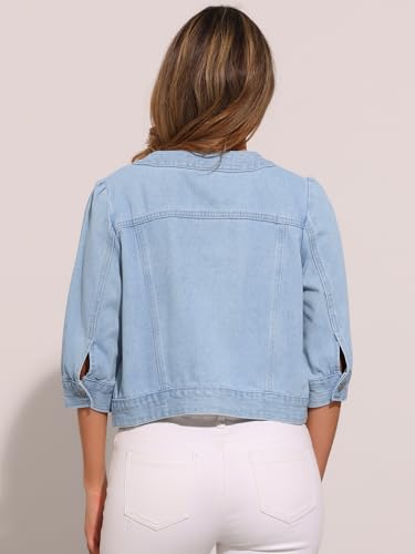 Allegra K Women's Casual Denim Jacket 3/4 Sleeve Collarless Cardigan Button Up Cropped Jean Jackets4