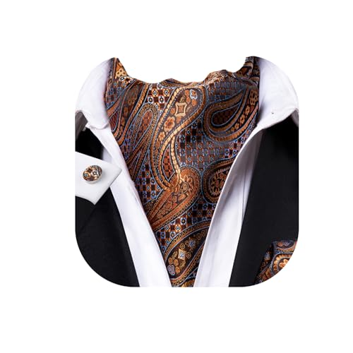 Dubulle Ascot for Men Mens Bronze Gold Paisley Floral Self Tie Cravat and Pocket Square Cufflinks Set Wedding Business