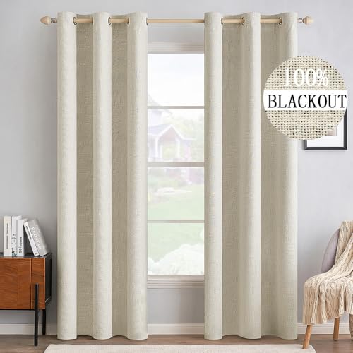 Image of MIULEE 100% Blackout Linen Textured Curtains for Bedroom Solid Thermal Insulated Cream Grommet Room Darkening Curtains & Drapes Luxury Decor for Living Room 42 x 90 Inch (2 Panels)