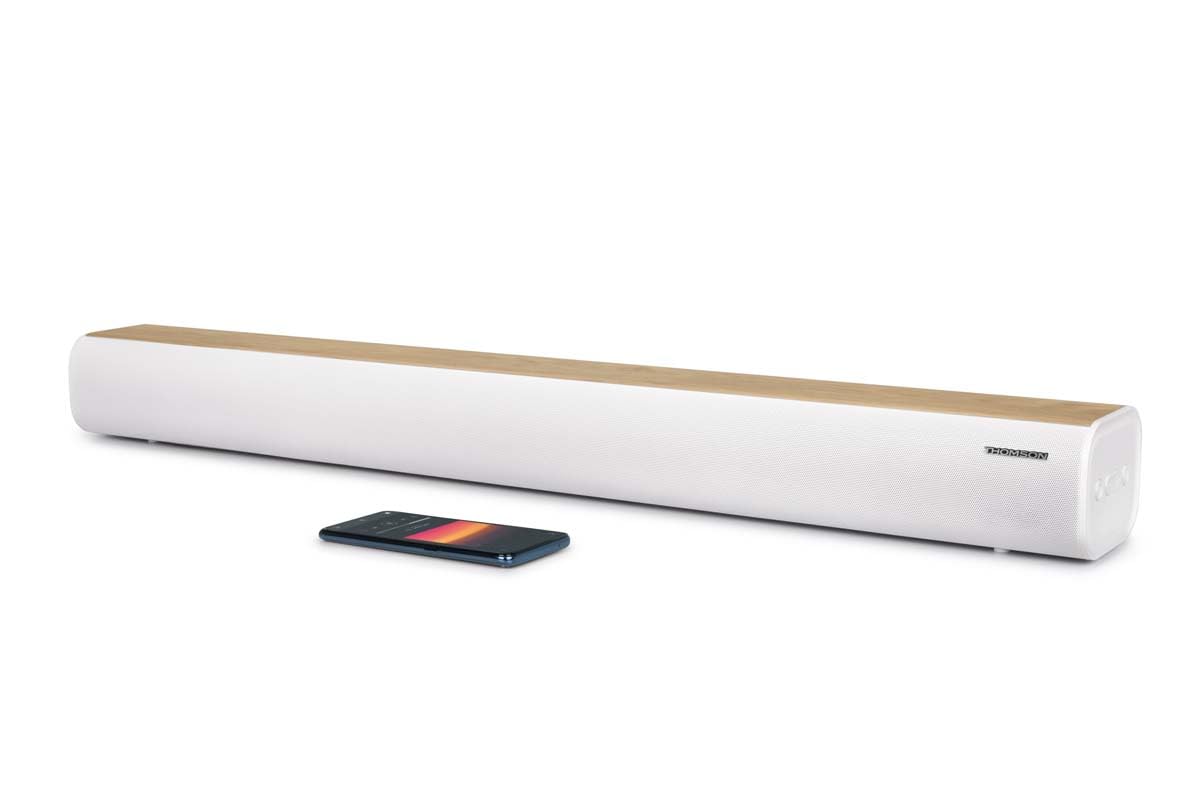 Thomson SB401BT Soundbar - 200W Potenza Musicale Totale - Bluetooth 5.0 - Ingresso Ottico, USB & AUX - Preset EQ - Telecomando - Indicatore LED della Sorgente - Design Bianco & Legno