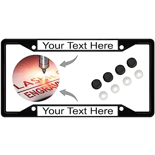 Image of Personalized with Custom Text Design - 4 Hole Black Metal Laser Engraved US Standard Size - Car License Plate Frame with Free caps - White /Black Text (Qty: 1 Frame)
