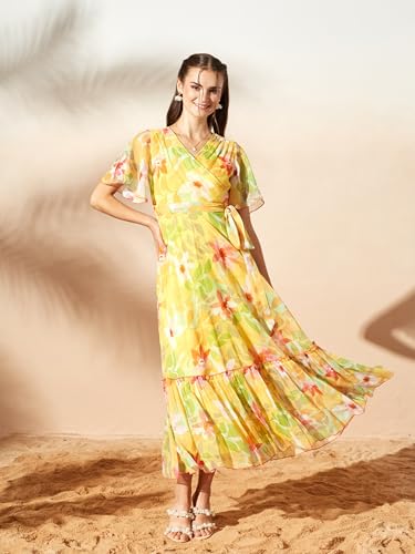 Image of Miss Chase Women's Floral V-Neck Flutter Sleeve Wrap Chiffon Maxi Dress