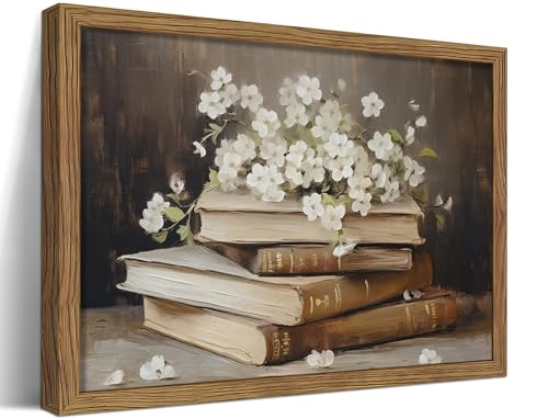 Vintage Book Wall Art, Rustic White Floral Botanical Canvas Wall Decor Paintings, Small Retro Flower Bookish Artwork Prints Pictures for Library Reading Bedroom Living Room 8x10 Inch Framed