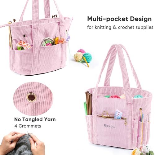 Image of MYBAGZING Corduroy Crochet Bag 11.5 inch Large Yarn Storage Tote with Grommets, Needle Holders - Knitting Bag Organizer for Crochet Hooks, Accessories, Tools & Projects -Gift for Knitters & Crafters