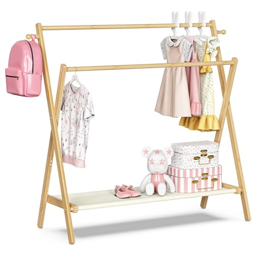 BAMBOOHOMIE Perchero de ropa para niños con estante de almacenamiento y varillas dobles