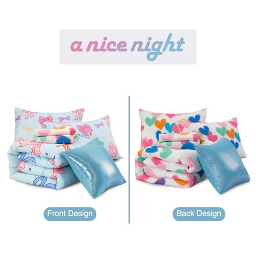 Image of A Nice Night Full Size Bed in A Bag Bow Comforter Set for Kids,Quilt Bedding Set with Bowknot & Chic Polka Dot Pattern,Blue Background Room Decor for Girls