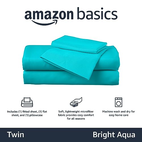 Image of Amazon Basics Kid's Soft Easy-Wash Lightweight Microfiber 3-Piece Sheet Set, Twin, Bright Aqua, Solid