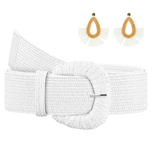 Straw Woven Elastic Belt for Women, Boho Braided Raffia Waist Belt, Stretch Rattan Belt for Summer Dresses