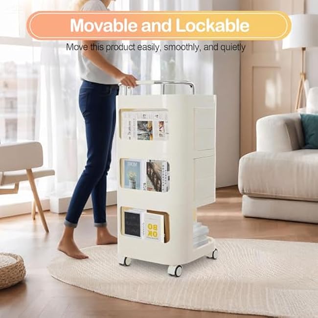 3 Tier Storage Cart, Movable Utility Storage Cart Rolling Utility Cart with Drawers Storage Rack with Wheels Mobile Trolley Cart for Homes, Office, Libraries, Restaurants (Cream Color)-iHS3dLPW