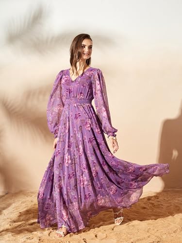 Image of Miss Chase Women's Multicolored-Base-Brown Relaxed Fit Maxi Lurex Chiffon Dress